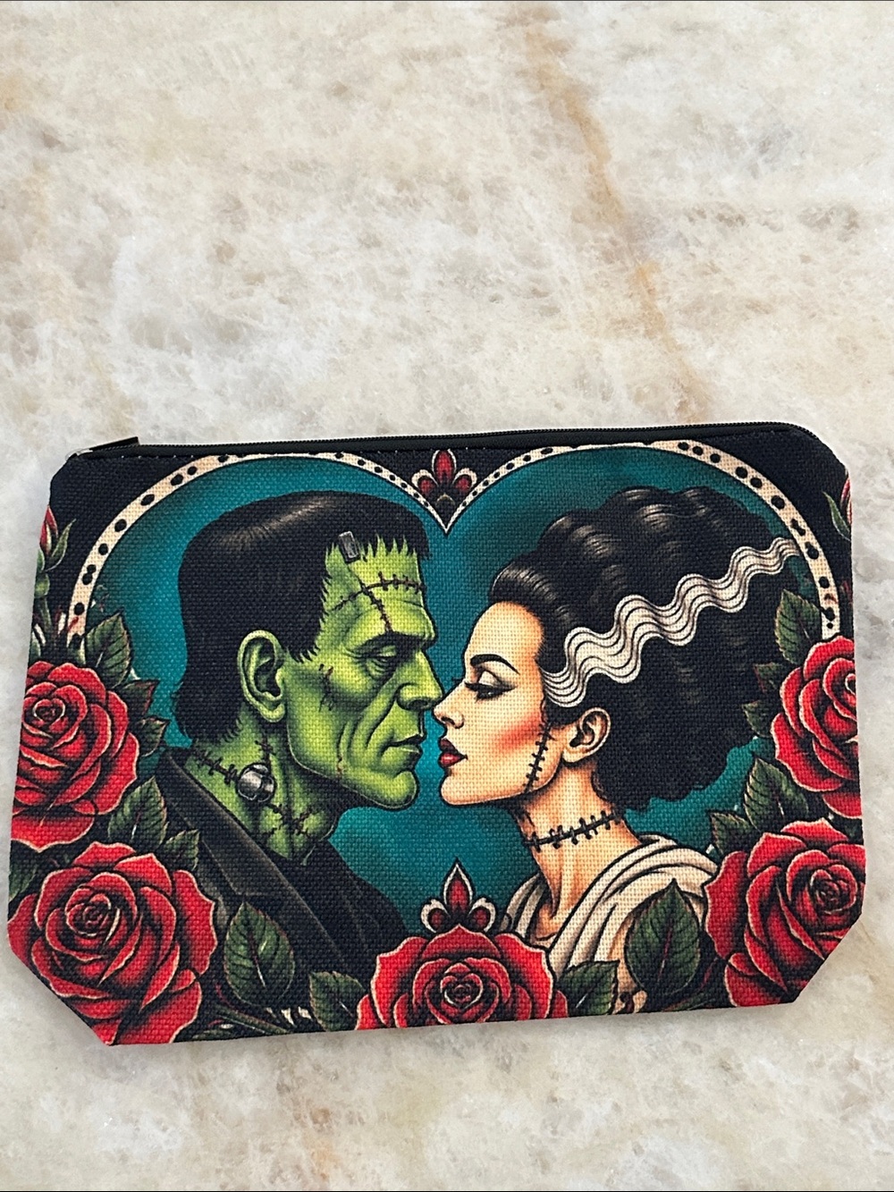Frankenstein & Bride Heart Canvas Art Pouch - Black, Green, Red